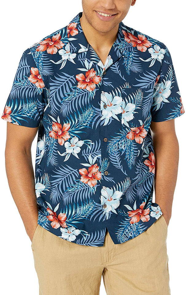 Amazon Brand - Camisa hawaiana tropical de algodón 100% con ajuste estándar de 28 palmeras para hombre